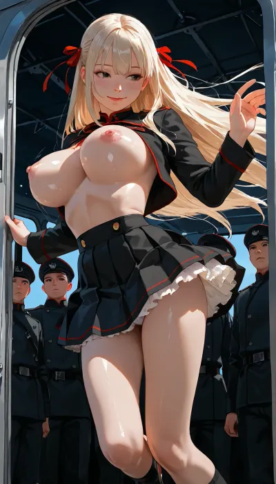 1 girl and military large crowd, cute face with smile, black eyes, pink nipples, (looking her medium breast, bouncing breasts:1.08), (skinny, slim body, slim legs, slim thigh:1.04), slip down red and black military uniform, short jacket, long military-lolita dress skirt, jumping, hopping, (floating, thrust to higher:1.11), (very long gold straight hair on her thigh with large red ribbon:1.02), (frills skirt, many under skirt, peticoat, white sexy panty, ultra-detailed panty, long pleated skirt, lefted up black skirt by wind:1.11), very strong upwind, staring at me, raise her right hand straight up horizontally, (in warship hanger:1.12), (realistic:1.16), <lora:Rubi-samaXL:1.5>, <lora:ClearKing_XL_v1_AutoRunMech:1.2>, <lora:anime_sdxl_v1:1>