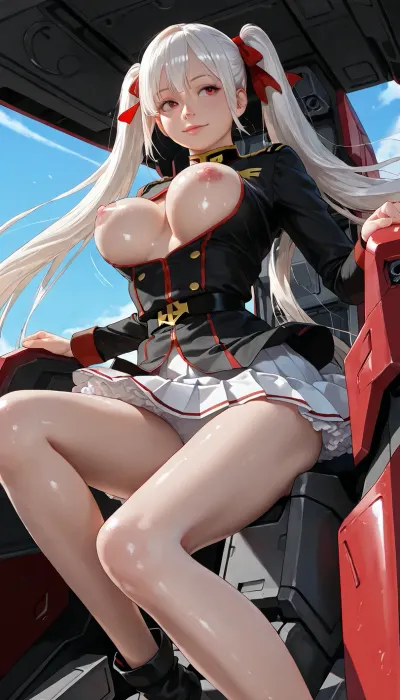 1girl, cute face with smile, pink nipples, (looking her medium breast, bouncing breasts:1.08), (skinny, slim body, slim legs, slim thigh:1.06), slip down black and red military uniform, short black jacket, red long military-lolita dress skirt, volumy hair, twintail, (very long gold straight hair on her thigh with large red ribbon:1.04), (frills skirt, many under skirt, peticoat, white sexy panty, ultra-detailed panty, long pleated skirt, lefted up skirt by wind:1.14), (in a steep dive, jumping, hopping, floating skirt, very strong upwind:1.12), staring at me, (lifted up right knee:1.06), sitting cockpit of mobile suit, (realistic:1.24), <lora:Rubi-samaXL:1.5>, <lora:ClearKing_XL_v1_AutoRunMech:1.2>