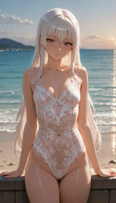 chinese, 1girl, white long hair, small breasts, swimsuit, white lace swimsuit, outdoors, <lora:MK_kzy_xl_V1.0:1.8>