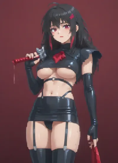 (masterpiece, best quality, ultra-detailed:1.2), 1girl, solo, raw photo, seductive expression, looking at viewer.
Short messy black hair with a single bright red streak in the bangs, light-colored eyes.
Extremely revealing black latex and red outfit, minimal coverage, underboob, bare midriff, thin red suspender straps over the torso.
Matching black ruffled micro-skirt with a red trim, low-rise, black thong underneath, wet glossy skin, oil sheen.
Thick voluptuous thighs, prominent glutes, curvy body.
Holding a large red scissor blade weapon over her shoulder, black fingerless gloves.
Dark red background with dramatic moody lighting, strong contrast, cinematic lighting., <lora:NEOTOKIOXL_0.2_RC:.4>, <lora:pixel_stormXL:1.2>