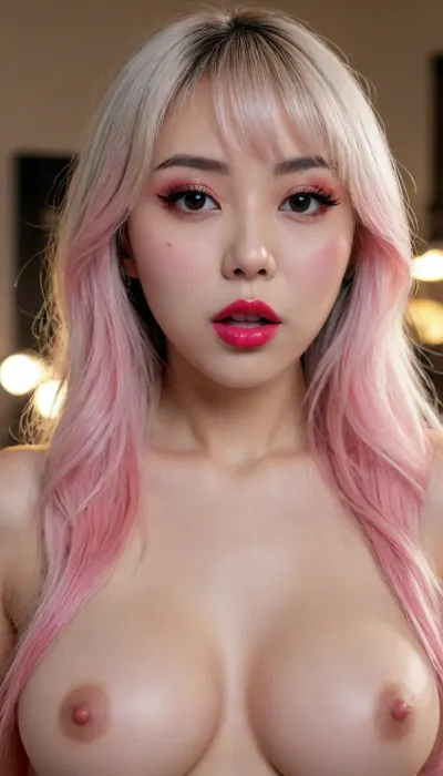 beautiful Korean woman, ((no pubic hair)), very long shaggy Platinum blonde and pink hair with bangs, looking at the viewer, sultry expression, fashion makeup, red lipstick, perfect eyes, winged eyeliner, heavy eyeliner and black eyeshadow, long fake eyelashes, full lips, licking her lips, fully naked, spreading pussy and ass, full body, (8k, RAW photo, best quality, masterpiece:1.4)