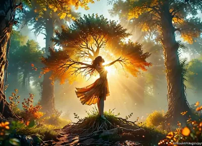 (Dark Fantasy Artwork), low angle, side-lit, artistic, depicts a strong tree with deep roots and full branches against a rising sun, symbolizing strength, sustainability, and energy. The sun’s rays extend outward, representing power. The color scheme blends deep greens and bright yellows and oranges, denoting environmental consciousness and vitality. This design is bold, simple, and impactful. depicts a fairy in the air, natural beauty, /KlTTY-ART/, <lora:COMFYUI_mimic_landscape_-_XL_SDXL v2.0:.7>, <lora:attractive_notrigger:.8>, <lora:PerfectEyesXL:.6>, <lora:MJ52:1>
