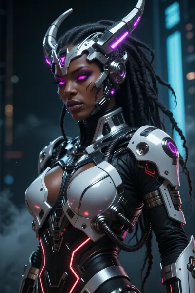 Highly detailed cinematic portrait of a fierce cyberpunk female warrior, dark bronze skin, sharp facial features, full lips, intense glowing magenta-pink cybernetic eyes. She wears an intricate biomechanical silver-white and black armor with glowing red energy accents and complex mechanical details. Elaborate futuristic helmet with two large curved metallic horns featuring purple glowing elements, long thick black dreadlocks flowing down her back and shoulders. Form-fitting segmented torso armor with prominent white chest plates, large armored pauldrons, mechanical straps, cables and panels. Dramatic three-quarter view, slight low angle, confident pose, looking to the side. Dark moody futuristic background with blurred blue vertical structures and atmospheric haze. Cinematic volumetric lighting, strong contrast, realistic metal textures, intricate mechanical details, sharp focus, photorealistic rendering, masterpiece, best quality, ultra detailed, 8k in the style of detailed sci-fi concept art, digital painting