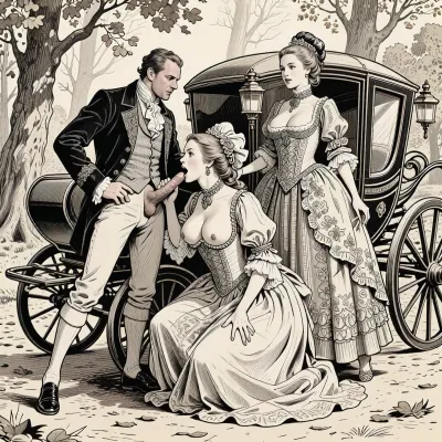 (Line art:2), (ink drawing:2), adult comic. 1man, 2women.

Two wealthy young aristocratic ladies are traveling through a French forest in a stagecoach in autumn around 1780 and are attacked by a low-born ruffian. They are forced to have oral sex with their tormentor and visibly enjoy it. They are wearing opulent baroque dresses and victorian hair, Masterpiece, heavy boobs, blowjob, (girl1 is squatting in front of boy1. Boy1 is standing, cock out. girl1 is performing fellatio on him in front of the stagecoach:2), . girl2 is standing behind girl1, caressing girl1's head.exquisitely detailed faces.correct anatomy, Ink drawing, pen and ink technique, with cross-hatching and line work. Drawn using line drawing and cross-hatching techniques to create volume, depth, and shadows. Drawn on textured patchwork paper. Fine lines and shading are visible throughout the drawing. Pen and ink style. Fine marine ink, fine pen and ink lines, surgical precision strokes in the fine details and firmness in the details of the thicker lines. Creative and precise pen shading, ink drawing. 02-line-art-v, 2, .1>p ²Q, .., line art, Fresh and creative pencil strokes
