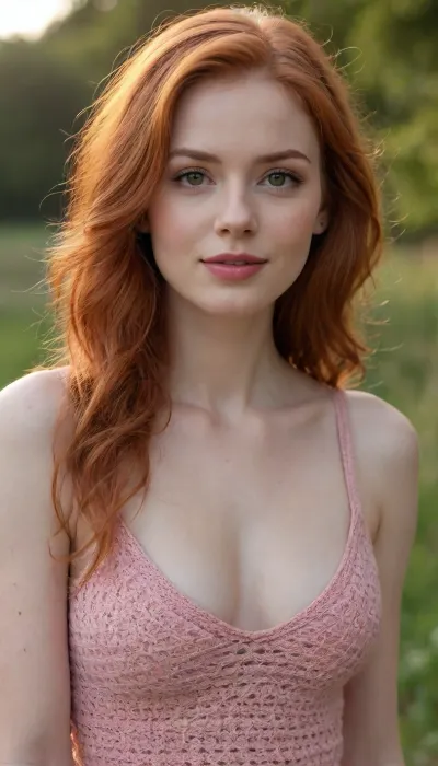 (best quality, award-winning photograph, sharp focus), Crocheted camisole, (wide knit), beautiful face, long hair, seductive face, make-up, light lipstick, redhead hair, perfect body, the whole figure is visible, soft smile, cinematic, movie still, hyperdetailed photography, 35mm photograph, film, professional, 4k, highly detailed, Golden hour lighting. Depth of field F2. Rule of Thirds Composition