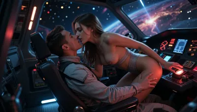 Inside the dimly lit cockpit of a sleek starship drifting above a glowing nebula, a slim, athletic 22-year-old woman leans over the pilot’s shoulder, her body close enough to brush against him with every subtle movement. The cockpit is filled with warm red and blue instrument light that reflects off her minimal, form-fitting off-world outfit, highlighting the smooth lines of her figure, She reaches toward a console above him, her arm passing just inches from his face, her breath ghosting along his cheek. It’s a teasing, deliberate motion — innocent on the surface, but charged with powerful, forbidden tension. He looks up at her, catching her eyes in the reflection of the glass canopy, and the atmosphere between them becomes electric, Outside the cockpit, stars streak by in hyperspace, flashes of cosmic light illuminate her skin in soft pulses, making the moment feel surreal and intimate. A soft vibration from the ship’s engines travels through the floor, adding a subtle physical intensity to their closeness, Her fingers hover over a glowing control switch, but she doesn’t press it — instead, she lingers in that suspended second, letting silence, closeness, and unspoken desire build. The ship’s controls cast warm highlights across their faces, the rest of the world fades away as their bodies lean just slightly toward each other, trapped between tension and gravity, Cinematic sci-fi lighting, glowing holograms, reflective glass surfaces, sensual atmosphere, ultra-realistic skin texture, fine details, strong emotional tension, teasing body language, high-end 8k sci-fi portrait photography with subtle motion and nebula reflections, (maximum detail), (super realistic photo:1.4), (maximum photo quality:1.4), (maximum resolution:1.5), saturated