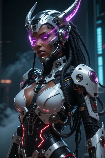 Highly detailed cinematic portrait of a fierce cyberpunk female warrior, dark bronze skin, sharp facial features, full lips, intense glowing magenta-pink cybernetic eyes. She wears an intricate biomechanical silver-white and black armor with glowing red energy accents and complex mechanical details. Elaborate futuristic helmet with two large curved metallic horns featuring purple glowing elements, long thick black dreadlocks flowing down her back and shoulders. Form-fitting segmented torso armor with prominent white chest plates, large armored pauldrons, mechanical straps, cables and panels. Dramatic three-quarter view, slight low angle, confident pose, looking to the side. Dark moody futuristic background with blurred blue vertical structures and atmospheric haze. Cinematic volumetric lighting, strong contrast, realistic metal textures, intricate mechanical details, sharp focus, photorealistic rendering, masterpiece, best quality, ultra detailed, 8k in the style of detailed sci-fi concept art, digital painting