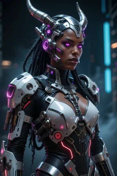 Highly detailed cinematic portrait of a fierce cyberpunk female warrior, dark bronze skin, sharp facial features, full lips, intense glowing magenta-pink cybernetic eyes. She wears an intricate biomechanical silver-white and black armor with glowing red energy accents and complex mechanical details. Elaborate futuristic helmet with two large curved metallic horns featuring purple glowing elements, long thick black dreadlocks flowing down her back and shoulders. Form-fitting segmented torso armor with prominent white chest plates, large armored pauldrons, mechanical straps, cables and panels. Dramatic three-quarter view, slight low angle, confident pose, looking to the side. Dark moody futuristic background with blurred blue vertical structures and atmospheric haze. Cinematic volumetric lighting, strong contrast, realistic metal textures, intricate mechanical details, sharp focus, photorealistic rendering, masterpiece, best quality, ultra detailed, 8k in the style of detailed sci-fi concept art, digital painting