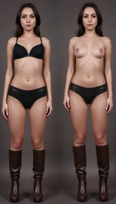 full body shot, pretty, 40years old, girl standing, (strait-on, frontal body), look at viewer, amber clean eyes, naked, shaved, dark black long hair, (too skinny:1.2), dark skin, slender body, small breasts, flat breast, (dark nipples:1.5), (small hureola:1.5), (erect dark nipples:1.5), (same person, same pose, same angle), (2Split screens, 2split views, onoff:1.2), (wearing black crop top and miniskirt:1.5), (and dark brown cuissard knee platform boots:1.7), (simple light-blue and pink background), BREAK, <lora:OnoffXL_ExtraCrispy:.7>