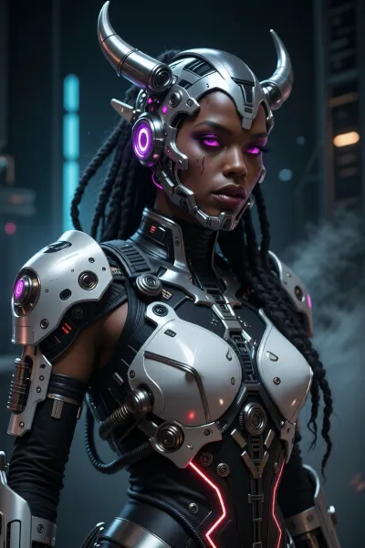 Highly detailed cinematic portrait of a fierce cyberpunk female warrior, dark bronze skin, sharp facial features, full lips, intense glowing magenta-pink cybernetic eyes. She wears an intricate biomechanical silver-white and black armor with glowing red energy accents and complex mechanical details. Elaborate futuristic helmet with two large curved metallic horns featuring purple glowing elements, long thick black dreadlocks flowing down her back and shoulders. Form-fitting segmented torso armor with prominent white chest plates, large armored pauldrons, mechanical straps, cables and panels. Dramatic three-quarter view, slight low angle, confident pose, looking to the side. Dark moody futuristic background with blurred blue vertical structures and atmospheric haze. Cinematic volumetric lighting, strong contrast, realistic metal textures, intricate mechanical details, sharp focus, photorealistic rendering, masterpiece, best quality, ultra detailed, 8k in the style of detailed sci-fi concept art, digital painting