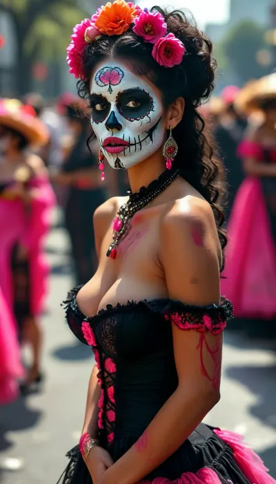 Long shot, full body image, dia de los muertos, Afro beauty with skull face paints sticking out her very long pink tongue, huge parade in Mexico City, Day of the Dead, traditional Mexican dress in black, cleavage, off shoulder dress, but, large, breasts, big, boobs, huge, tits, <lora:BUT_SDXL_SHS:.8>, <lora:MJ52:.8>, <lora:bombshell_v2:.4>