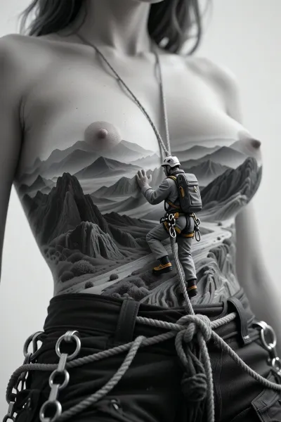 A highly detailed, monochromatic, photorealistic scene where an adult woman’s upper nude body is transformed into a surreal landscape, her form serving as the backdrop for a tiny climber, about three centimeters tall, dressed in full climbing gear, the miniature mountaineer ascends the woman’s body, using ropes and climbing equipment, every detail of the tiny climber and his gear is sharply in focus, while the woman’s form remains softly blurred in the background, creating a striking contrast, the scene emphasizes the adventurous journey of the tiny climber against the vast, surreal landscape of the woman’s body, the focus is on the detailed texture of the climbing gear and the tiny figure, with the woman’s body providing a dreamlike, surreal backdrop, the entire composition is in monochrome, ensuring a cohesive and artistic atmosphere, longnips