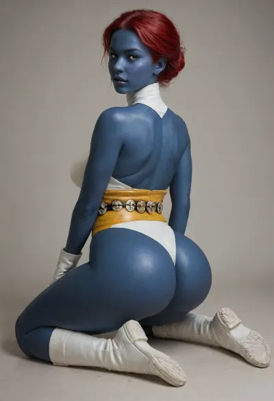 ((mystique from X-Men)), (dark blue skin:1.5), long dark red hair, (bumpy skin), dominant female, bare shoulders, fat ass, thin waist, a skimpy white bodysuit, white boots, and a signature gold skull belt/sash, (large woman), (huge hips), kneeling, masterpiece, best quality, highly detailed, Mystique, X-Men, <lora:Mystique X-Men:2>