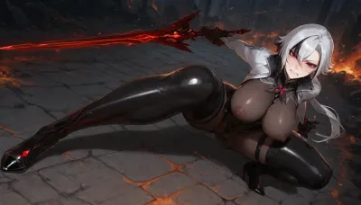 Arlecchino from Genshin Impact, beautiful mature woman, short white hair with black streaks, sharp red eyes, pale skin, dynamic full body action pose, high angle top-down view, crouching low in ready stance with legs wide open, holding Crimson Moon's Semblance diagonally across body, full body visible, wearing ultra sheer black full-body pantyhose, extremely thin transparent seamless black nylon bodysuit, micro thin see-through pantyhose covering entire body from neck to toes, delicate transparent black tights, completely sheer black stockings catsuit, skin clearly visible through fabric, soft glossy nylon texture, tight stretched sheer fabric over breasts, wide hips and crotch, pussy and anus fully visible through the sheer black pantyhose from above, (extremely dense bushy jet black pubic hair:1.45), thick black anal hair, detailed hairy anus, massively dilated anus, embarrassed yet fierce expression, looking up at viewer with heavy blush, gritted teeth, sweat on face, dramatic lighting, battlefield background with fire and dark energy, highly detailed, sharp focus, cinematic, 8k, masterpiece, best quality