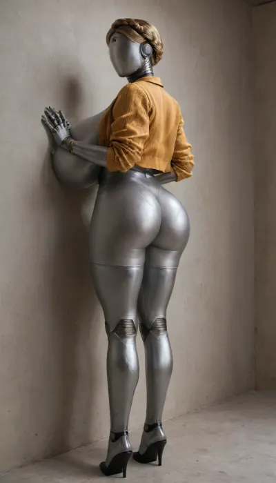twins from atomic heart, full metallic body, full metallic robot body, full metallic skin, faceless, no eyes, no mouth, no nose, mega busty, massive huge mega breasts, massive tits, gigantic breasts, erected nipples, black nail polish, black choker, yellow jacket, ultra beautiful woman, ultra detailed textures, perfect long legs, long and hard nipples, big roung bubble butt, bulging ass, hour glass figure, thick thights, beautiful long legs, BadX, woman, robot, joints, blond, hair, thighhighs, redstar, on, forehead, bodysuit, thigh, gap, large, breast, reflexion, metallic, hands on wall, showing ass, <lora:Venus_Body_Alpha:.8>, <lora:Twins1024:.8>, <lora:EnvyMetallicXL01:.8>