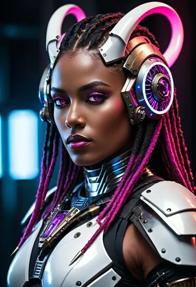 Highly detailed cinematic portrait of a fierce cyberpunk female warrior, dark bronze skin, sharp facial features, full lips, intense glowing magenta-pink cybernetic eyes. She wears an intricate biomechanical silver-white and black armor with glowing red energy accents and complex mechanical details. Elaborate futuristic helmet with two large curved metallic horns featuring purple glowing elements, long thick black dreadlocks flowing down her back and shoulders. Form-fitting segmented torso armor with prominent white chest plates, large armored pauldrons, mechanical straps, cables and panels. Dramatic three-quarter view, slight low angle, confident pose, looking to the side. Dark moody futuristic background with blurred blue vertical structures and atmospheric haze. Cinematic volumetric lighting, strong contrast, realistic metal textures, intricate mechanical details, sharp focus, photorealistic rendering, masterpiece, best quality, ultra detailed, 8k in the style of detailed sci-fi concept art, digital painting