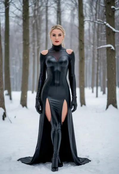 Erstellen Sie eine bezaubernde Szene, in der Prinzessin Elsa aus Disneys Die Eiskönigin als, (((Domina)), dargestellt wird, während sie elegant, (((schwarze Latexsuite))), in einem Winterwunderland steht. Sie fängt das sanfte Licht des Mondlichts ein, das über Ihren Rücken fließt und die Ekstase hervorhebt Atmosphäre der zauberhaften Schneelandschaft mit sanft fallenden Schneeflocken.)