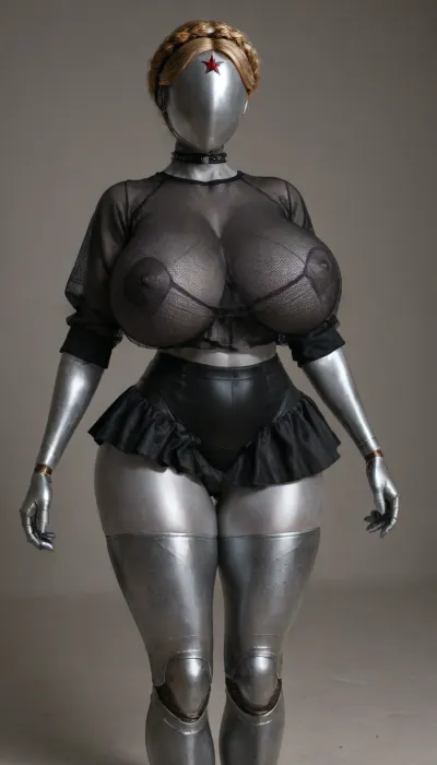 twins from atomic heart, full metallic body, full metallic robot body, full metallic skin, faceless, no eyes, no mouth, no nose, mega busty, massive huge mega breasts, massive tits, gigantic breasts, erected nipples, black nail polish, black choker, ultra beautiful woman, ultra detailed textures, perfect long legs, long and hard nipples, big roung bubble butt, bulging ass, hour glass figure, thick thighs, beautiful long legs, BadX, woman, robot, joints, blond, hair, thighhighs, redstar, on, forehead, bodysuit, thigh, gap, large, breast, reflexion, metallic, (wearing goth top, goth skirt, fishnet shirt:1.5), <lora:Venus_Body_Alpha:.8>, <lora:Twins1024:.8>, <lora:EnvyMetallicXL01:.8>