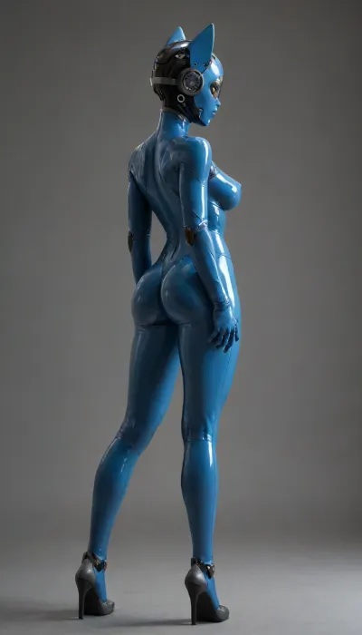 Future Sex doll, Cat ears, Like a Cat human, perfect Body, full covered in blue Latex, full body latex, big tits, Split Screen, ((front view, side view, rear view)), Robot, Skin, Android, <lora:odinTurnXL_v1:.2>, <lora:robot_skin_XL_1.0.6:.8>