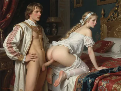 Russian artist's painting "False Dmitry I and Tsarevna Xenia Godunova" in the style of the Russian artist Vasnetsov. Young Russian Tsar Dmitry I, a historical figure who seized power in the Russian Empire, he stands in the royal bedroom of the palace, he is dressed in an open noble caftan of the early 17th century, in front of him stands on all fours at the edge of the royal bed on a very tall beautiful Russian girl, a princess with a long blond braid, like a Russian princess. A noble girl of the 17th century, white nightgown, a ribbon on her head. The hem of her white nightgown is up, (her ass are visible), (the hem of the white nightgown is pulled up:1.5), and he fucks her doggystyle. A submissive submission sex scene doggystyle vaginal sex, ((the main focus in the picture is on the tally girl)), (Historical accuracy of outfits:1.8)
