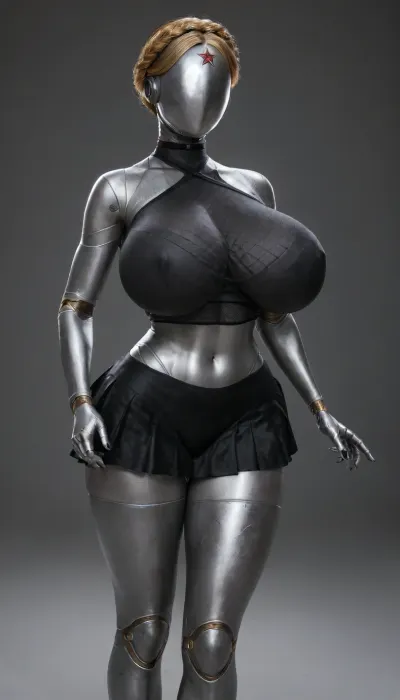 twins from atomic heart, full metallic body, full metallic robot body, full metallic skin, faceless, no eyes, no mouth, no nose, mega busty, massive huge mega breasts, massive tits, gigantic breasts, erected nipples, black nail polish, black choker, ultra beautiful woman, ultra detailed textures, perfect long legs, long and hard nipples, big roung bubble butt, bulging ass, hour glass figure, thick thighs, beautiful long legs, BadX, woman, robot, joints, blond, hair, thighhighs, redstar, on, forehead, bodysuit, thigh, gap, large, breast, reflexion, metallic, (wearing goth halter top, goth skirt, fishnet shirt:1.5), <lora:Venus_Body_Alpha:.8>, <lora:Twins1024:.8>, <lora:EnvyMetallicXL01:.8>