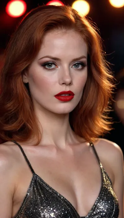 1980's supermodel, heavy makeup, red lipstick, lon straight redhead hair, full hair, dark nightclub setting