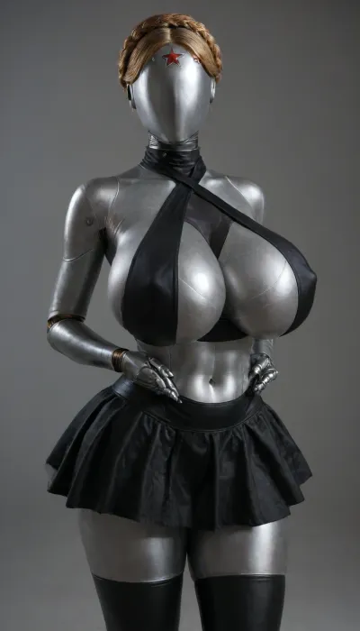 twins from atomic heart, full metallic body, full metallic robot body, full metallic skin, faceless, no eyes, no mouth, no nose, mega busty, massive huge mega breasts, massive tits, gigantic breasts, erected nipples, black nail polish, black choker, ultra beautiful woman, ultra detailed textures, perfect long legs, long and hard nipples, big roung bubble butt, bulging ass, hour glass figure, thick thighs, beautiful long legs, BadX, woman, robot, joints, blond, hair, thighhighs, redstar, on, forehead, bodysuit, thigh, gap, large, breast, reflexion, metallic, (wearing goth halter top, goth skirt:1.5), <lora:Venus_Body_Alpha:.8>, <lora:Twins1024:.8>, <lora:EnvyMetallicXL01:.8>