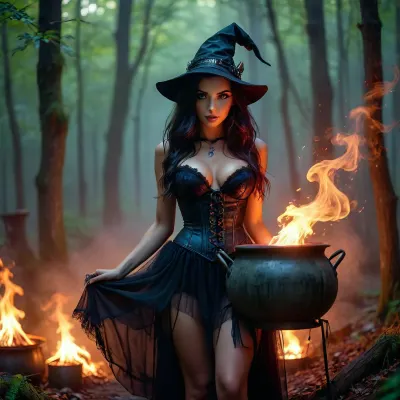 Neon punk style, 30 year old witch. Sensual seductress. Standing behind a cauldron in a dark and foggy enchanted forrest. Extreme fantasy forrest, mystical. She is wearing a sexy satin corset dress, beautiful seductive eyes, long dark hair, <lora:attractive_notrigger:1.5>, <lora:BUT_SDXL_SHS:.9>, <lora:RMSDXL_Darkness_Cinema:.1>, <lora:Vivid Midjourney mimic - XL SDXL v2.0:1.5>, <lora:WildcardX-XL-Detail-Enhancer:1.6>