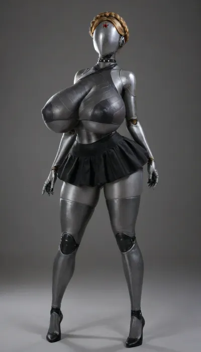 twins from atomic heart, full metallic body, full metallic robot body, full metallic skin, faceless, no eyes, no mouth, no nose, mega busty, massive huge mega breasts, massive tits, gigantic breasts, erected nipples, black nail polish, black choker, ultra beautiful woman, ultra detailed textures, perfect long legs, long and hard nipples, big roung bubble butt, bulging ass, hour glass figure, thick thighs, beautiful long legs, BadX, woman, robot, joints, blond, hair, thighhighs, redstar, on, forehead, bodysuit, thigh, gap, large, breast, reflexion, metallic, (wearing goth halter top, goth skirt:1.5), <lora:Venus_Body_Alpha:.8>, <lora:Twins1024:.8>, <lora:EnvyMetallicXL01:.8>