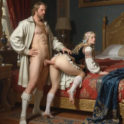 Russian artist's painting "False Dmitry I and Tsarevna Xenia Godunova" in the style of the Russian artist Vasnetsov. Russian Tsar Dmitry I, a historical figure who seized power in the Russian Empire, he stands in the royal bedroom of the palace, he is dressed in an open noble caftan of the early 17th century, in front of him stands on all fours at the edge of the royal bed on a very tall beautiful Russian girl, a princess with a long blond braid, like a Russian princess. A noble girl of the 17th century, richly embroidered Russian sundress, a ribbon on her head. The hem of her dress is up, (her ass are visible), (the hem of the dress is pulled up:1.5), and he fucks her doggystyle. A submissive submission sex scene doggystyle vaginal sex, (Historical accuracy of outfits:1.8)