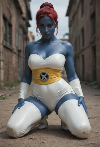 ((mystique from X-Men)), (dark blue skin:1.5), long dark red hair, (bumpy skin), dominant female, bare shoulders, fat ass, thin waist, a skimpy white bodysuit, white boots, and a signature gold skull belt/sash, (large woman), (huge hips), kneeling, masterpiece, best quality, highly detailed, Mystique, X-Men, <lora:Mystique X-Men:2>