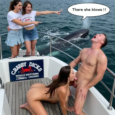 On a the lower deck of a small whale-watching cruiser, sign on the boat reads “CRABBY DICKS WHALE WATCHING CRUISES” with a crab motif. a couple are naked and having oral sex, sucking his cock, fellatio. She is a beautiful woman with long brown hair, massive tits, on her knees, sucking the man’s cock. The man is standing with his head thrown back in screaming orgasm. On the deck above them an excited pair of women in tee shirts and short skirts are pointing out with outstretched arms at a whale that is breaching through its blow hole in the sea beside the boat. Speech bubble “ There she blows !! “