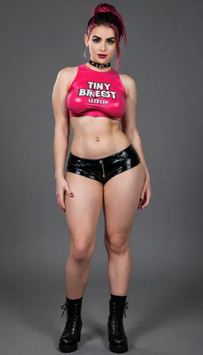 tall curvy pear shaped emo type woman, huge round perky brests, huge long puffy erect nipples, thick thighs, big hips, tiny waist, wearing latex pink booty shorts, wearing crop top, full body image