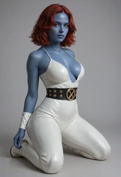 ((mystique from X-Men)), (dark blue skin:1.5), long dark red hair, (bumpy skin), dominant female, bare shoulders, fat ass, thin waist, a skimpy white bodysuit, white boots, and a signature gold skull belt/sash, (large woman), (huge hips), kneeling, masterpiece, best quality, highly detailed, Mystique, X-Men, <lora:Mystique X-Men:2>