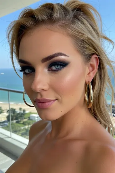 A closeup sensual portrait of a female rock star with a sharp focus on her stunning eyes. She stands confidently on the glass-railed balcony of her modern high-rise penthouse apartment overlooking an oceanfront beach, a smug smirk raising the corner of her soft full lips.

She has an athletic build with muscular shoulders.

Her luxurious sandy-blonde hair is styled in a sexy finger combed messy look, with loose strands of hair framing her face, large heavy golden hoop earrings dangle from her ears, her sharp dark eyebrows have a notch shaved on one side. Her large expressive eyes lock you with smokey and sultry gaze, mesmerizing pale blue eyes with subtle silver flecks, accented by long thick eyelashes, bold winged eyeliner, and heavy charcoal-look eye-shadow., (confident, assertive, rock star, fierce rockstar attitude, spunky, sexy arrogance:1.8), (angular features, wide square jaw, sharp well-defined jawline), (expressive eyes, detailed iris, sharp limbal rings:1.2), (layered composition, rule of thirds framing oriented to eyes), (subsurface scattering:.8), (natural sheen:.7), (photorealistic skin, vellus hair:.6), (masterpiece, raw photography, uncompressed, maximum quality)