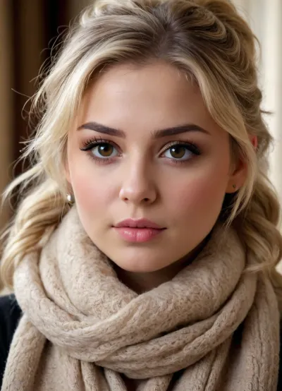 1girl, seductive brown eyes, perfect eyes, close-up eyes, (blond), wavy ponytail, fluffy scarf, elegant, cute, chubby, busty, plump tits, soft and tender, dynamic angle