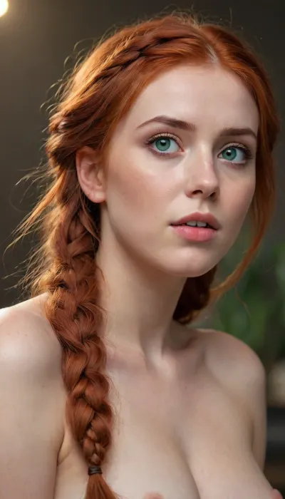 ((best quality), (highly detailed), (masterpiece), (ultra-detailed), (8k), (photo realistic), best quality, highres, 4k, cinematic lighting, amazing quality, amazing shading, soft lighting), goddess 18yo, large green eyes, bright red hair, tall narrow face, messy hair, braid, naked, waist view, viewed from below, full, body, crouch, <lora:crouch_down_from_below_SDXL:1.4>