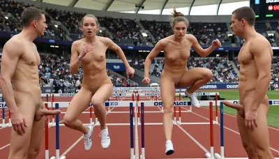 (full body view), (ultrarealistic photography), naked women athletics championship in a crowded stadium, girls wearing only sneakers, all girls with totally shaved clear pussies, hurdles sprint competition, (Two naked men with erect penises stand facing each other directly behind the hurdles), girls during the sprint, jump over hurdles, frontal view