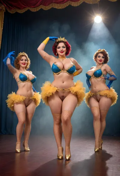 (A row of 3 cancan tall dancers:1.5), vulgar makeup. A row line of obese Irish dancers performing a very close formation Riverdance routine, dressed in embroidered yellow lace skirts, (blue unbuttoned transparent blouses:1.4), (fishnet stockings:1.4), (lace gloves:1.4), (naked lactation breasts:1.4), (big pierced gold nipples rings:1.5), (naked breasts flopping around and hanging out over blue bra:1.4), (big labia cameltoe:1.5), (perfect quality dancing women background:1.4), (burlesque cancan dance:1.4), (one_leg_up above head:1.6), indecently short micro skirts, massive thighs, wide hips wide huge butts, black tap dancing shoes, ((all bottomless:1.2)), no panties, no bra, skirts flying upward with their high kicking routine, exposed hairy pussies, (dark thigh length stockings), dark background, spotlight on the dancers, all smiling happily, full body, beautiful art uhd 4k, big, breasts, cloudy, smoke, atmospheric, clouds, fog, longnips, Photorealistic, realistic, {chic cabaret dancers in bright burlesque costumes with feathers on their heads dancing a fiery cancan on stage under the spotlight}, (leg up cancan dance:1.6), (large big cellulite butt:1.4), vivid, highly detailed, cinematic lighting, <lora:SDXL_MassiveCowsLoRA_v1:2>, <lora:Cloudy_Style:2>, <lora:longnipsxl:2>, <lora:detailed_notrigger:2>, <lora:standing_in_a_row:2>