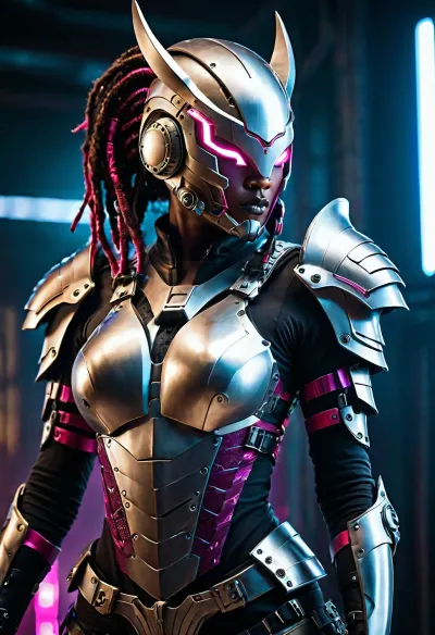 Highly detailed cinematic portrait of a fierce cyberpunk female warrior, dark bronze skin, sharp facial features, full lips, intense glowing magenta-pink cybernetic eyes. She wears an intricate biomechanical silver-white and black armor with glowing red energy accents and complex mechanical details. Elaborate futuristic helmet with two large curved metallic horns featuring purple glowing elements, long thick black dreadlocks flowing down her back and shoulders. Form-fitting segmented torso armor with prominent white chest plates, large armored pauldrons, mechanical straps, cables and panels. Dramatic three-quarter view, slight low angle, confident pose, looking to the side. Dark moody futuristic background with blurred blue vertical structures and atmospheric haze. Cinematic volumetric lighting, strong contrast, realistic metal textures, intricate mechanical details, sharp focus, photorealistic rendering, masterpiece, best quality, ultra detailed, 8k in the style of detailed sci-fi concept art, digital painting