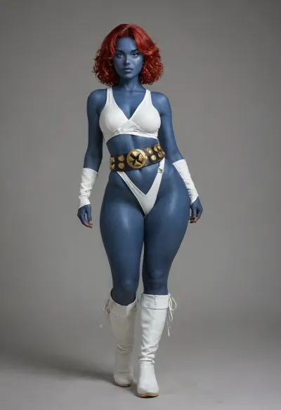 ((mystique from X-Men)), (dark blue skin:1.5), long dark red hair, (bumpy skin), dominant female, fat ass, thin waist, a white bodysuit, white boots, and a signature gold skull belt/sash, (large woman), (huge hips), no panties, (dynamic stripping seductively:1.4), masterpiece, best quality, highly detailed, Mystique, X-Men, <lora:Mystique X-Men:2>