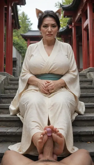 (Asian MILF:1.9), fox ears, fox tail, kimono, sitting on stairs, shrine, (disgusted look:1.5), foot job