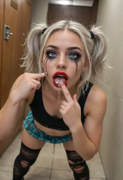 Midjourney, solo, (19 year old+preppy+tanned_skin+crossfit_body+light blue eyes+heavy makeup+smudged lipstick:1.5), pale skin, changing room, (smudged red lipstick:1.1), pale white skin, (white hair), messy hair, pigtails, top down view, (close view), (dripping black mascara:1.6), (finger pointing to mouth:1.6), black shirt, goth makeup, (ripped black stockings:1.5), plaid skirt, cleavage, torn clothes, small breast, perky breasts, skinny face, sharp face features, skinny legs, small ass, skinny thighs, shaved pussy, (excessive cum leaking from pussy:1), cum on pussy, standing up, legs spread, lifting skirt, running, dribble, from, tongue, tears, in, mouth, chin, nose, lip, forehead, lipstick, smear, crying, gagged, gagging, gag, half-closed, eyes, closed, oral, invitation, after, fellatio, cum on face cumshot, cumfacial, facial