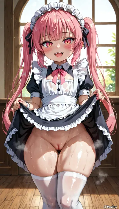 Solo long messy pink hair with bangs and sharp teeth, ageless dragon maid with fair skin and wide hips flashs hairless pussy after gettingsweaty from cleaning. No panties under maid sexy outfit, warm spring afternoon in the house with wood floor large windows let the natural warm light inside, relaxing lifting skirt, (sweaty thighs), (steam inbetween legs), (sexy msid outfit), (blushing), (bimbo tits), StackedShortstack, outfit-mayhem, maid, headdress, legwear, skirt, lift, lifted, by, self, <lora:Stacked_Shortstacks_-_SDXL-000009:.6>, <lora:Tera-000001:.3>, <lora:hutten:.7>, <lora:pupuri-000008:.6>, <lora:skirt lift XL V2:1.4>