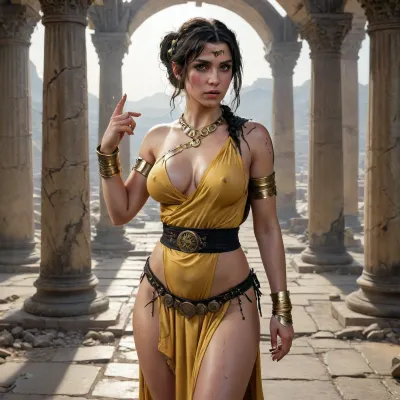 fullbody image of a girl wearing a fantasy_ toga, Brunette beauty, 29 years old, seductive pose, huge breasts, huge ass, small waist, hourglass figure, gigantic breasts, detailed eyes, detailed pupils, black braid, bangs, incredible facial detail, dynamic soft light, soft shadows, exceptional sharpness, vintage masterpiece, photorealistic, shattered observatory, broken telescopes, scattered stardust, lost cosmic knowledge, Ceren from Turkey, medium, (shoulder-length:1.2), [yellow-black], black hair, CCDWR, (Pointing, Finger, At, Viewer), <lora:fantasy_toga_sdxl_v2.3:.8>, <lora:LORA_CCDWR:.8>, <lora:Pointing_Finger_At_You_-_By_DICE:.8>