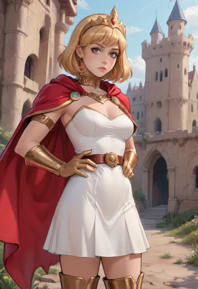 reiq style, (Thick outline:1.4), ((Cartoon Style:1.5)), ((Hentai)), (Masterpice), (HD4K visual), She-Ra from Masters of the Universe, long blonde hair, medium saggy breasts, frown, Golden tiara, Golden collar, white strapless short dress, Golden belt, short red cape attached to the back, Golden gauntlets on the forearms, golden high-heeled boots, standing, hands on waist, close-up, outside castle, ratatatat74, woman, dressed, in, a, white, costume, miniskirt, golden, headband, red, cape, wystyle, <lora:ratatatat74-000050:.8>, <lora:cartoon_stickers_xl_v1:.8>, <lora:She-ra-1024:.8>, <lora:outline_xl_kohaku_delta_spv5x:.8>, <lora:望月style:.8>
