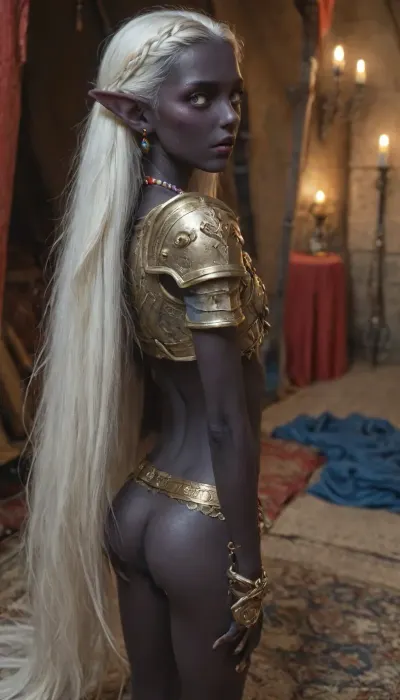 Masterpiece, 1girl, solo, (one 25 years old warrior princess:1.1), in a fire-lit tent, (jewelery:1.6), (armor:1.9), (hairy trimmed cunt:1.3), (chainmail skirt), (huge enhanced tits:1.8), (tiny round ass:1.3), (firm ass:1.2), (mouth open:1), (amazing white hair:1.2), (extremely long hair:1.5), (fingering:.8), dim light, (skinny:2.35), (looking at the viewer:1.9), (scared:1.2), (side view), (belt:1.2), (sweat:1.3), (firelight), (luxurious setting:1.2), (cunt:1.8), (from above:1.6), (drow), (purple eyes:1.2), (blue black skin:1.6), (elf:1.2), (petite:1.1), (pinching nipple), (asshole:1.1), from behind