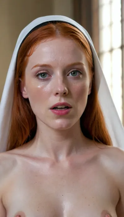 Nude Shy red headed nun, woman, cum, on, face, <lora:JustCum:.8>
