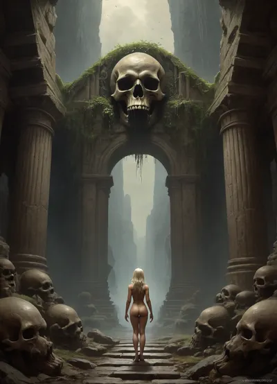 (Epic shot:1.2), of a nacked blonde woman facing a colossal skull gate entrance carved into a mountain, ((skeletal details:1.3), dripping goo, weathered stone, ancient architecture, vines, roots, creepy, ominous), (fantasy art, dark fantasy:1.1), (highly detailed, intricate, gritty texture:1.2), volumetric lighting, dramatic shadows, muted dark colors, greens, browns, grays, desaturated, deep perspective, (digital painting, concept art by Frank Frazetta, Zdzisław Beksiński:1.3), grim, atmospheric, (masterpiece, best quality, ultra high resolution), sharp focus, professional artwork, award winning