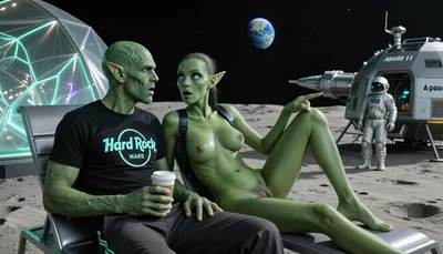 A hyper-realistic, cinematic scene on the Moon’s surface shows a serene alien couple on a futuristic vacation, both identical in appearance, with rich green skin, intricate facial wrinkles, and large, expressive turquoise eyes, their ears pointed and elongated, their entire skin is rich green, both wearing matching casual futuristic outfits, the male wears a black t-shirt with a glowing “Hard Rock Café Mars” logo, he holds a cup of coffee, green skinned, he looks shocked, and the hot naughty green skinned nude female, (she has three detailed tits), opened legs, they sit in sleek, metallic sun loungers, with a shimmering, translucent alien tent next to them, glowing softly with bioluminescent patterns, their green bodies are slightly forward as they look at each other in shock, female pointed over her shoulder at the distant human spacecraft, which rests about 60 to 70 meters behind them, the astronaut emerges from the iconic Apollo 11 lunar module, with printed letters "Apollo 11", a small but highly detailed figure, capturing the historic 1969 moon landing, the Earth appears in the background as a small, vibrant blue orb, floating in the dark sky, the lunar ground is fine dust, marked by subtle footprints, the lighting is soft and natural, casting long shadows, and the composition divides clearly, with the alien couple on the left, gazing to the right, where the spacecraft lies deep in the frame, the Earth above them is a constant reminder of home, and the scene evokes the historic Apollo mission, blending wonder, history, and alien curiosity in a perfect, timeless snapshot of discovery